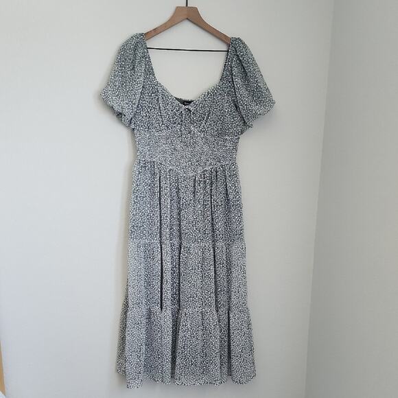 TRIXXI Floral Puff Sleeve Midi Dress Smocked Flowy Lined Size XL Sage Green - Picture 1 of 12